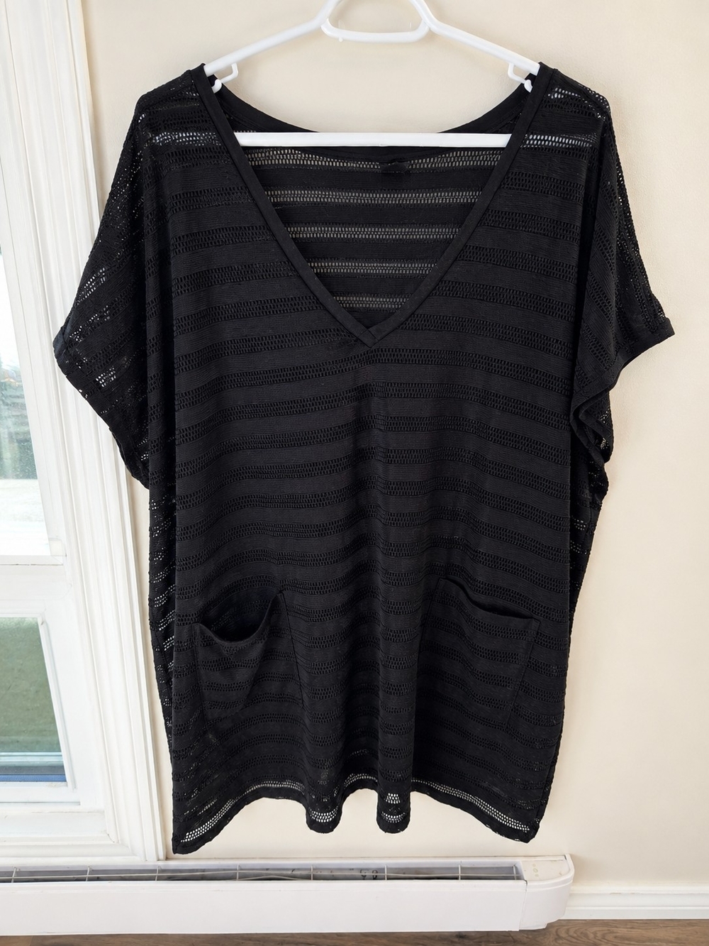 Black Sheer V-Neck Tunic with Front Pockets